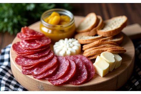 Die Alpin-Jause: Ein herzhafter Geschenkkorb mit Wurst, Käse, Brot und eingelegtem Gemüse.