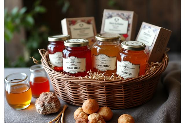 Ein kunstvoll arrangierter Geschenkkorb für Firmenkunden, gefüllt mit Honig, Marmelade und Gebäck vor einem dezenten Hintergrund.