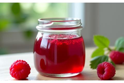 Glas mit roter Himbeerkonfitüre, daneben frische Himbeeren.