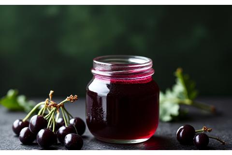 Dunkles Glas mit Schwarzkirschkonfitüre.
