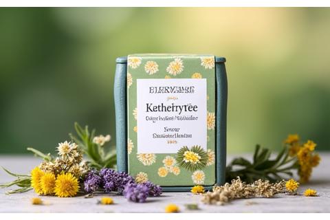 Packung mit Beruhigungstee und einzelnen Kräutern, sanftes Licht.